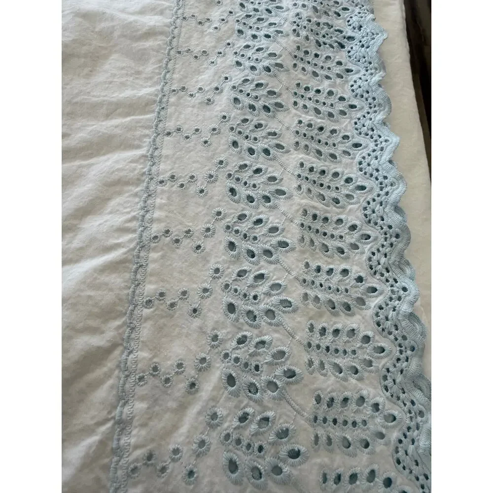 Rachel Ashwell Shabby Chic Queen Flat Sheet Blue Eyelet Lace Cotton Cottage